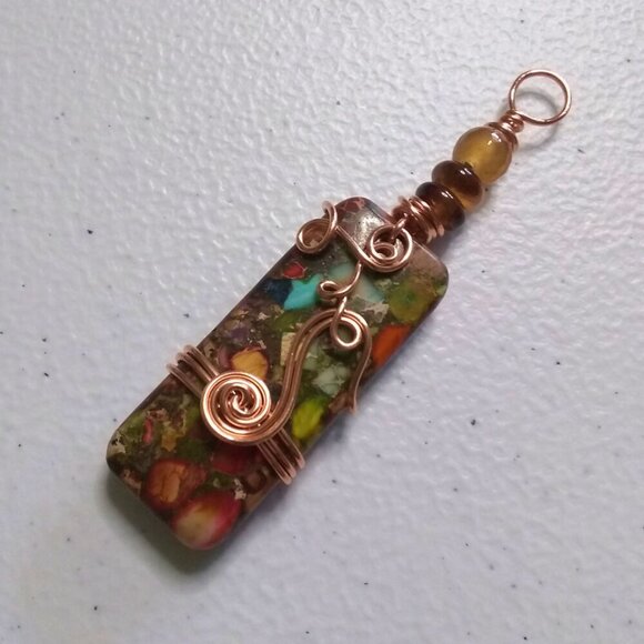 Gorgeous & Unique Fall Colors! Woodsy Sea Sediment Jasper + Agate Pendant - Picture 7 of 12